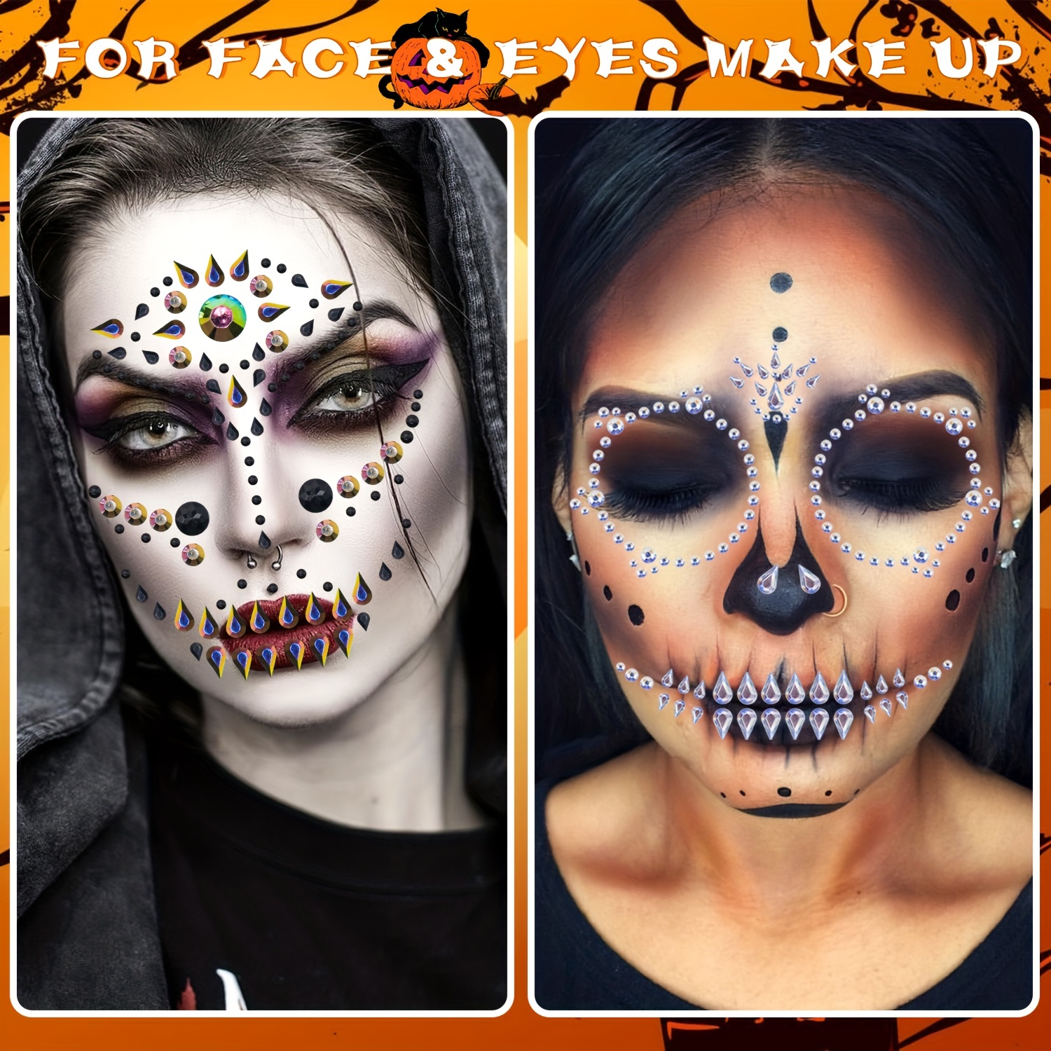 Halloween Rhinestone Suger Skull Face Tattoo Stickers Face Jewels Gems Day  Of The Dead Skull Face Decals Temporary Tattoo Kit Face Rhinestones For