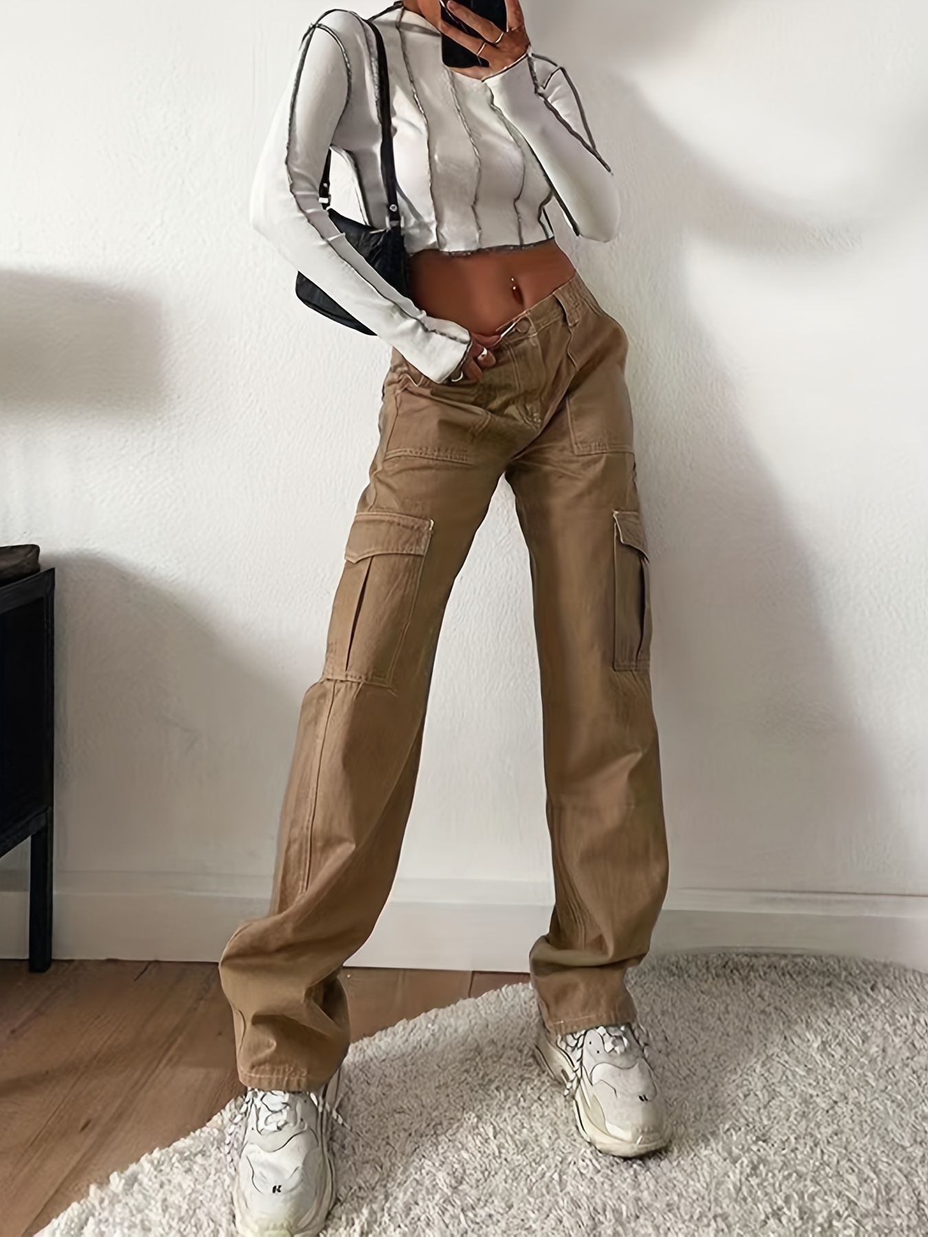 Jeans cargo holgados de cintura alta para mujer, con bolsillo con solapa,  ajuste relajado, recto, pierna ancha, Y2K, Z#caqui, XXS : :  Ropa, Zapatos y Accesorios