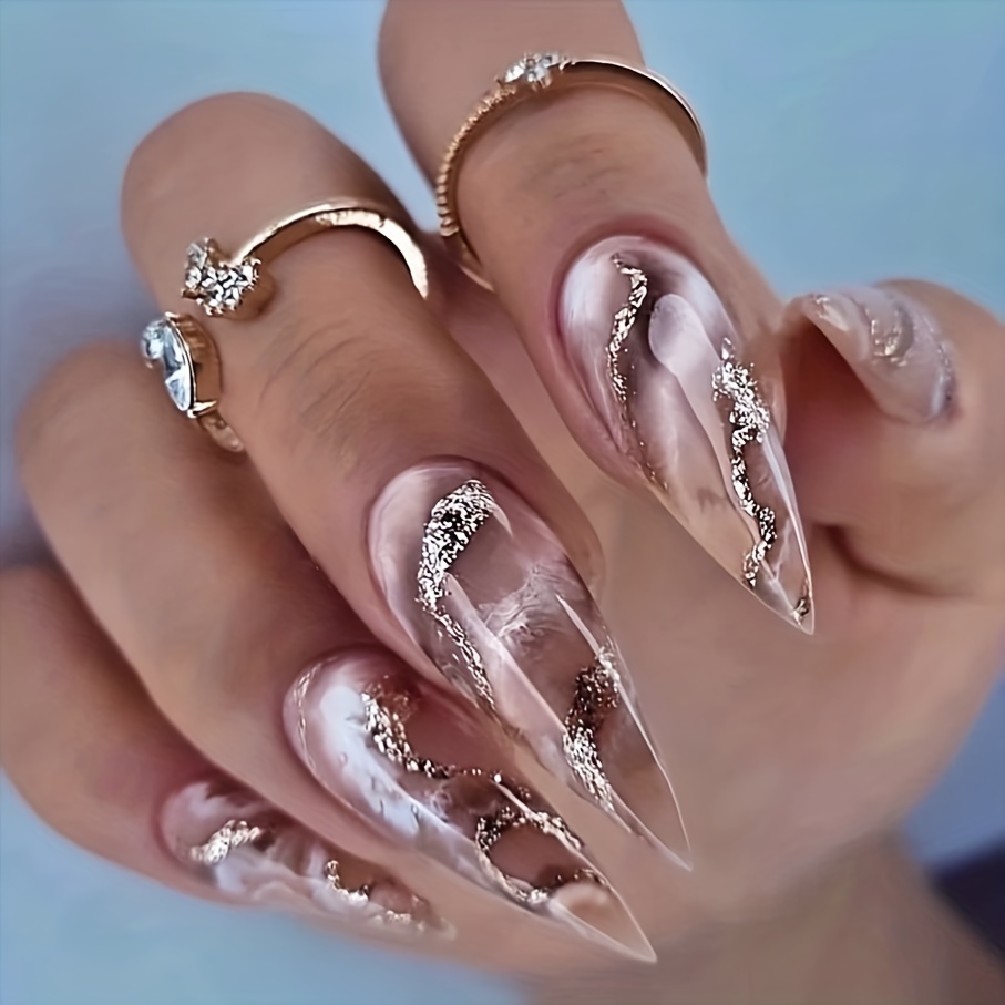 

24pcs Brown Gradient Fake Nails, Marble Print Press On Nails With Silver Glitter Design, Glossy Full Cover Long Almond Stiletto False Nails For Women And Girls