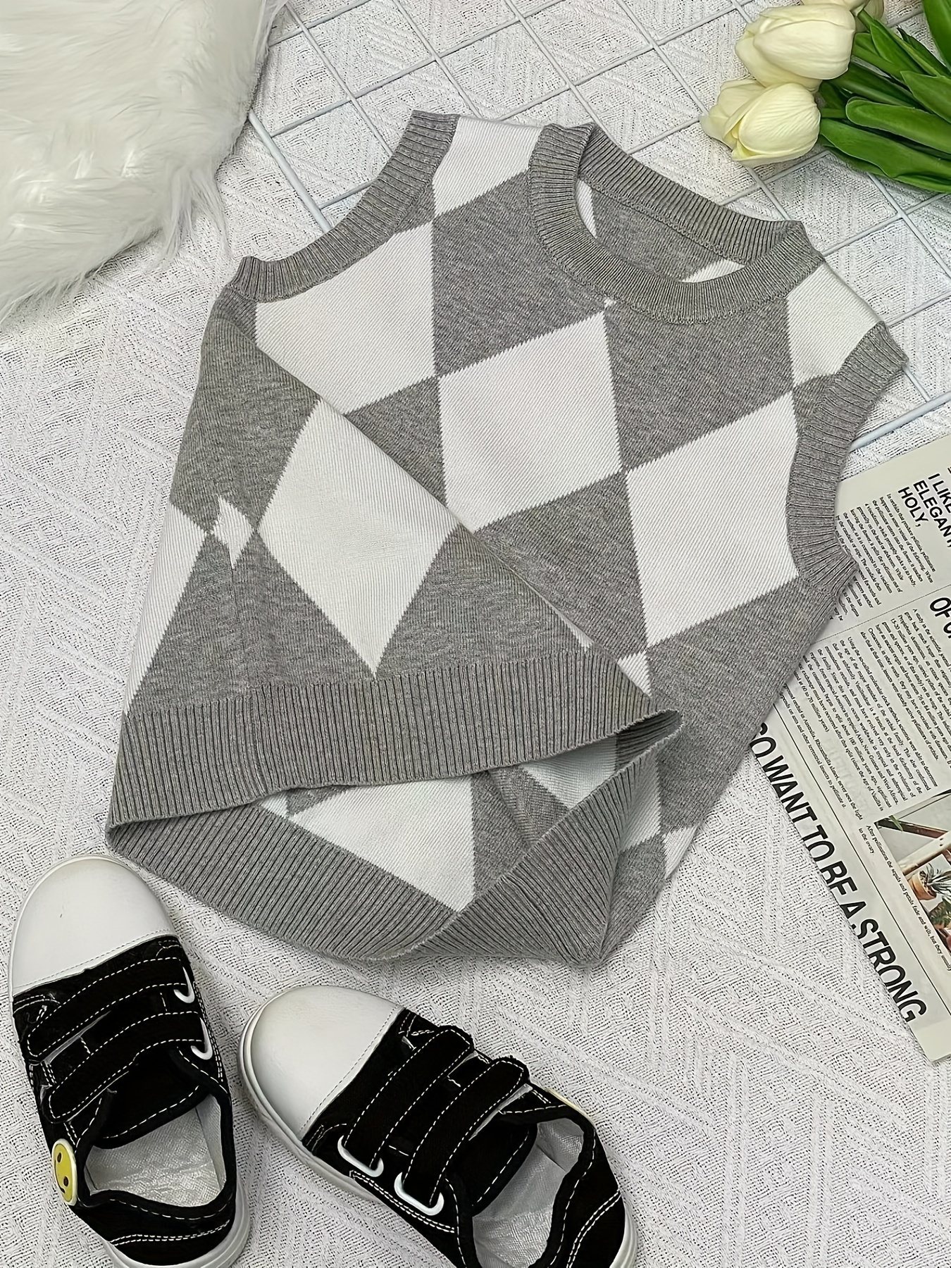 Toddler Boys Argyle Pattern Crew Neck Knit Vest For Spring Autumn