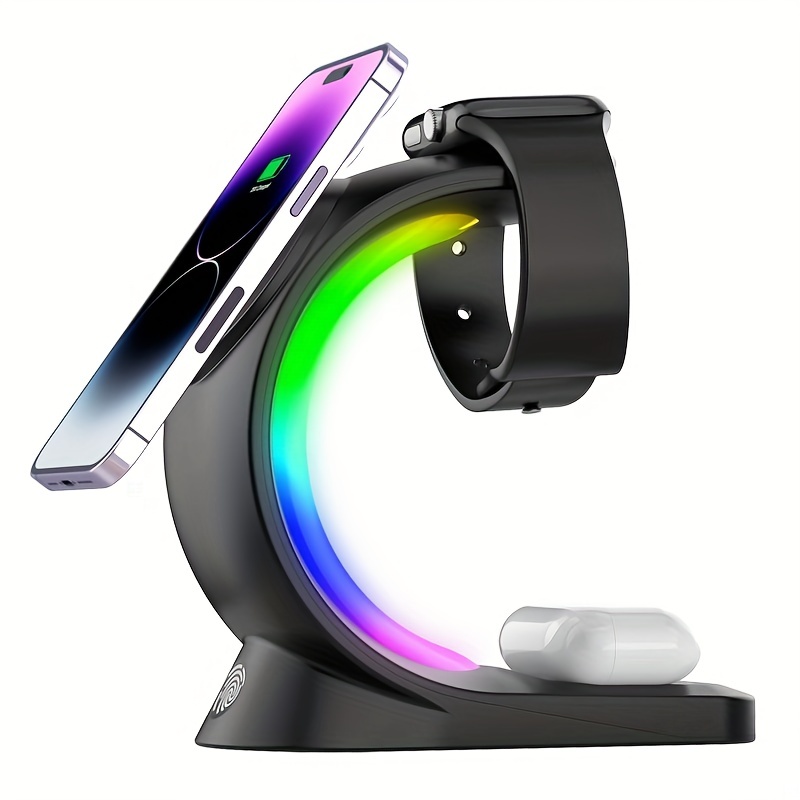 Wireless Charging Station, 5 in 1 Wireless Charger Stand with Alarm Clock,  7 Night Lights, Charging Dock for iPhone15/14/13/12/11/Pro/Max/XR/Samsung