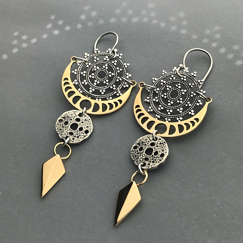 Bohemian Golden Circle & Moon Texture Arrow Drop Dangle Earrings