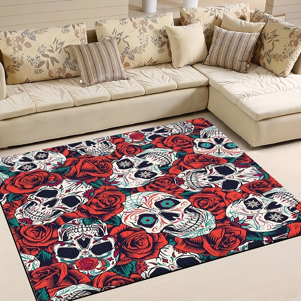 Halloween Skulls & Roses Print Non-Slip Area Rug