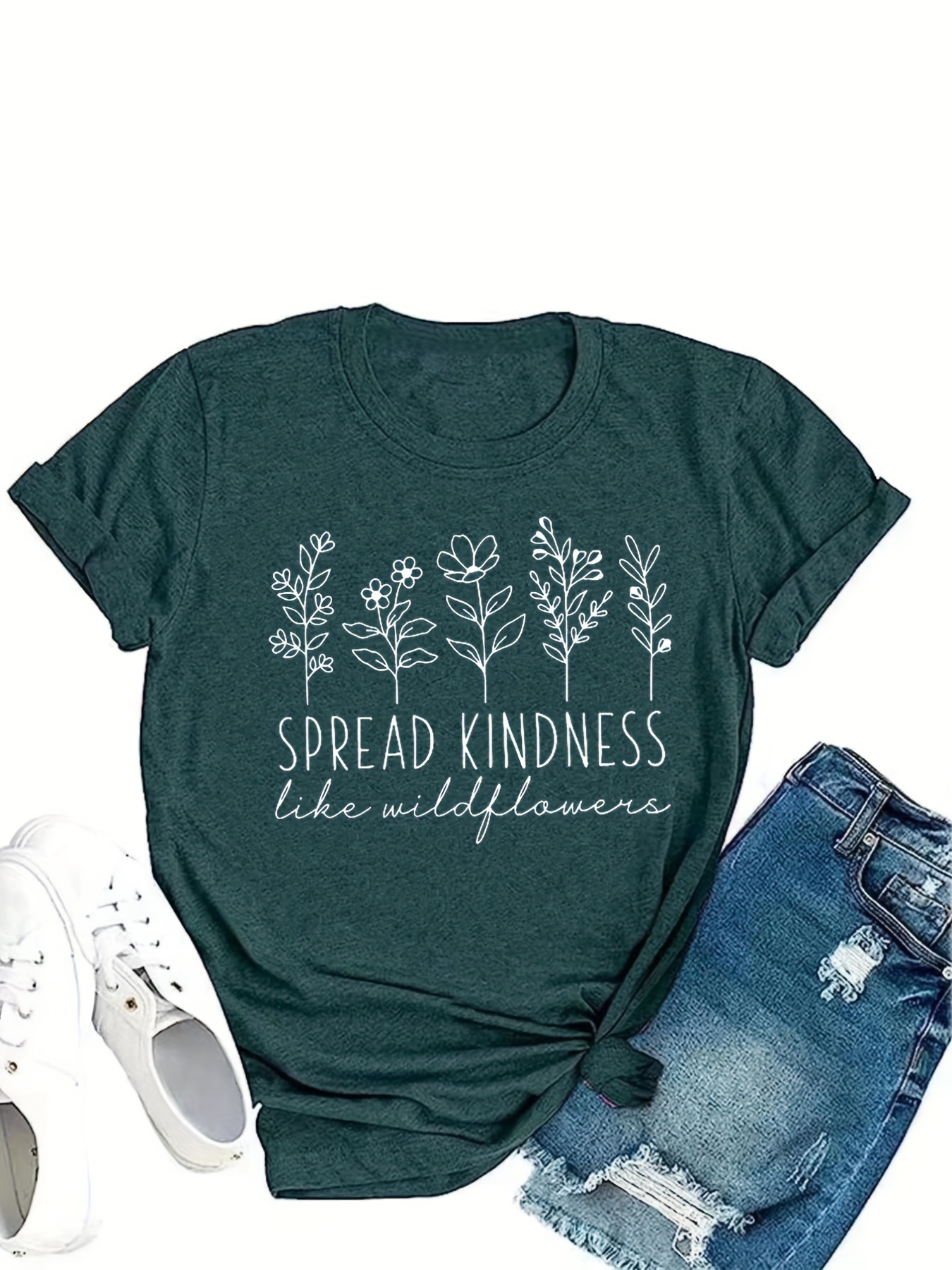 Women's Kindness Short Sleeve Graphic T-Shirt - Green Floral XXL