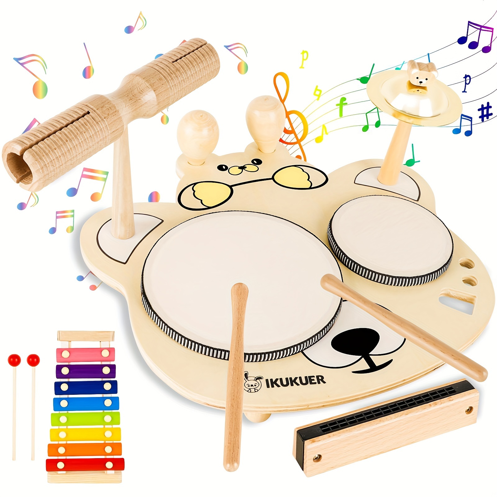 Juego de batería para niños, instrumentos musicales para bebés, juguetes  para niños pequeños, xilófono de madera 9 en 1, instrumentos de percusión
