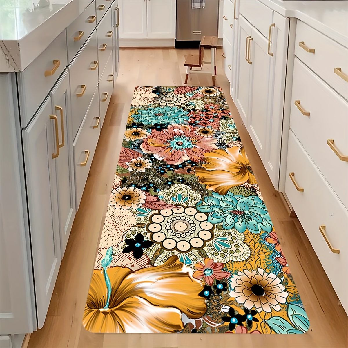 Tyrot Boho Kitchen Mat Set of 2 Cushioned Anti-Fatigue Floor Mat PVC Rubber  Kitchen Rugs Non Slip Waterproof Damask Floral Kitchen Rugs and Mats