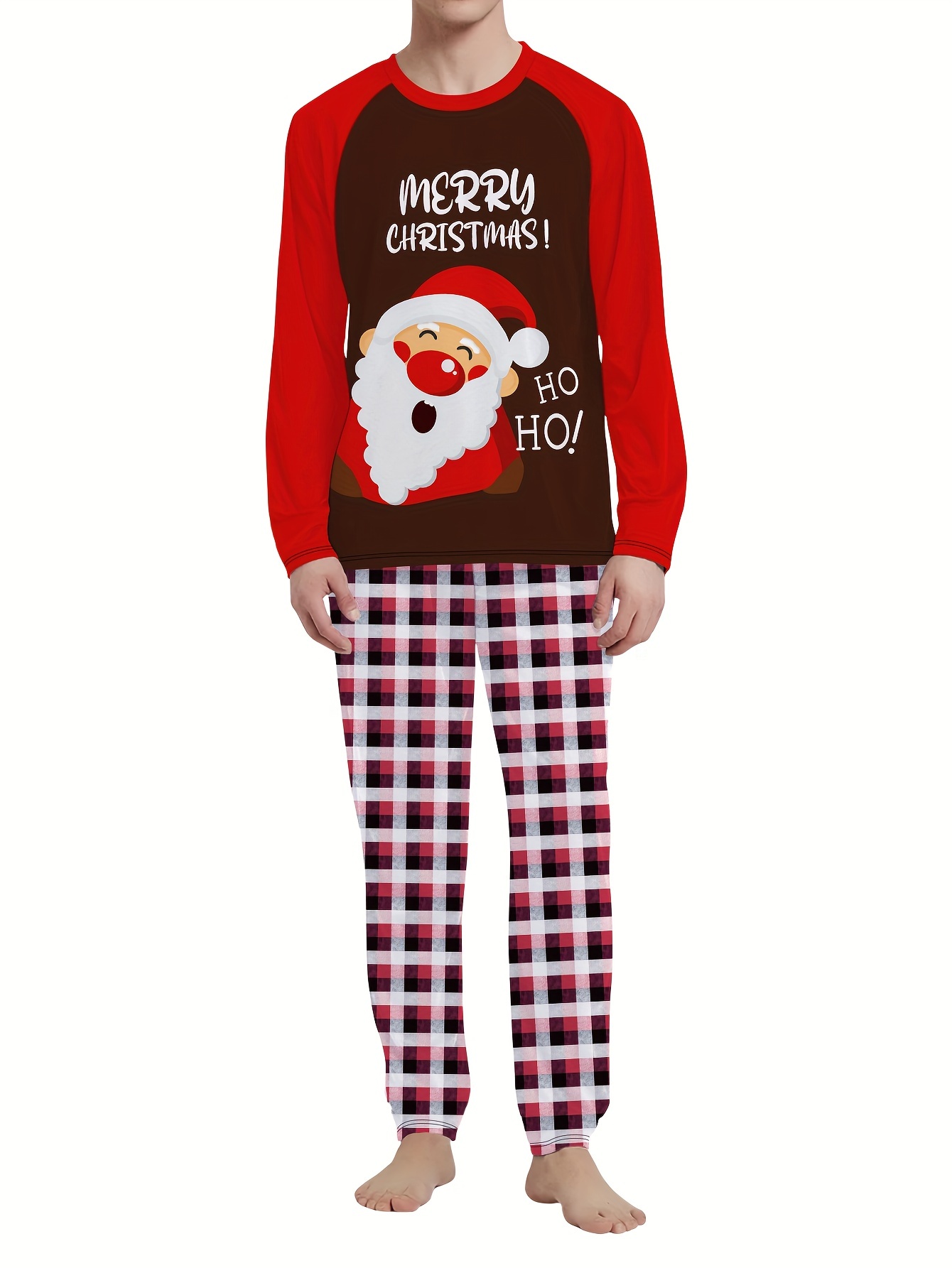 Men's Trendy Casual Christmas Pajamas Sets, MERRY CHRISTMAS Santa Graphic  Print Long Sleeve Crew Neck Top & Plaid Loose Pants Lounge Wear