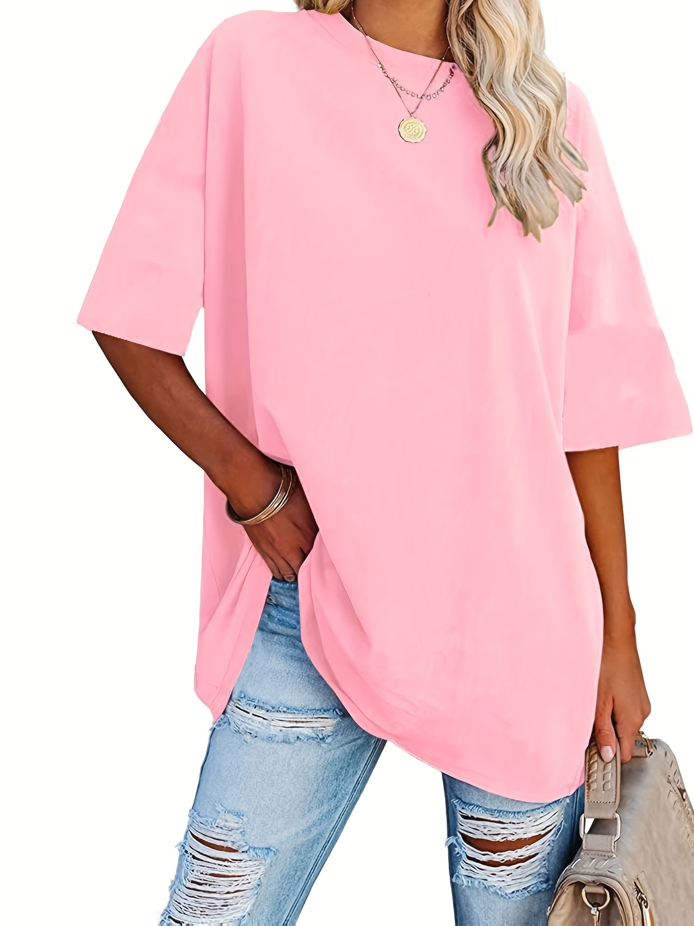 Plus Size Basic T-shirt, Women's Plus Plain Short Sleeve Round Neck Medium Stretch T-shirt