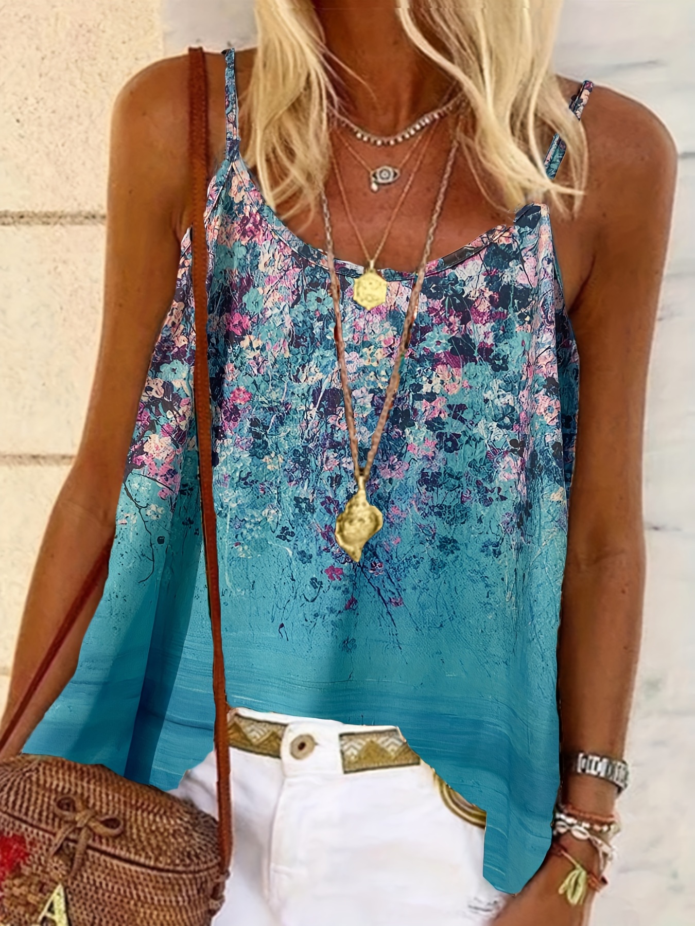 Boho Chic Outfit, Blue Floral Tank Top