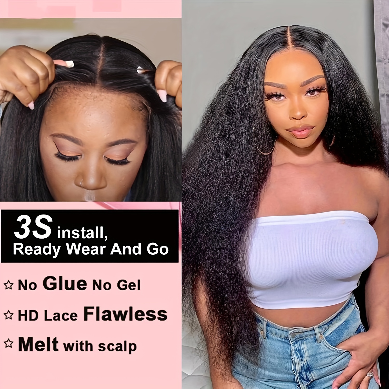 Wear And Go Glueless Wig Kinky Straight Lace Pre Cut 4x4 Hd - Temu