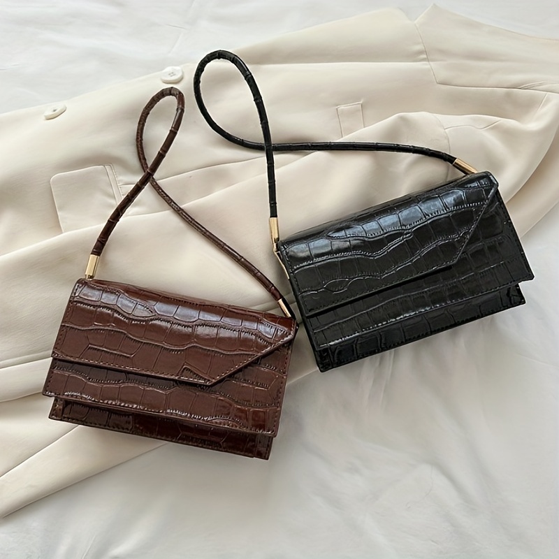 Small Square Bag Coffee Brown Crocodile Embossed PU