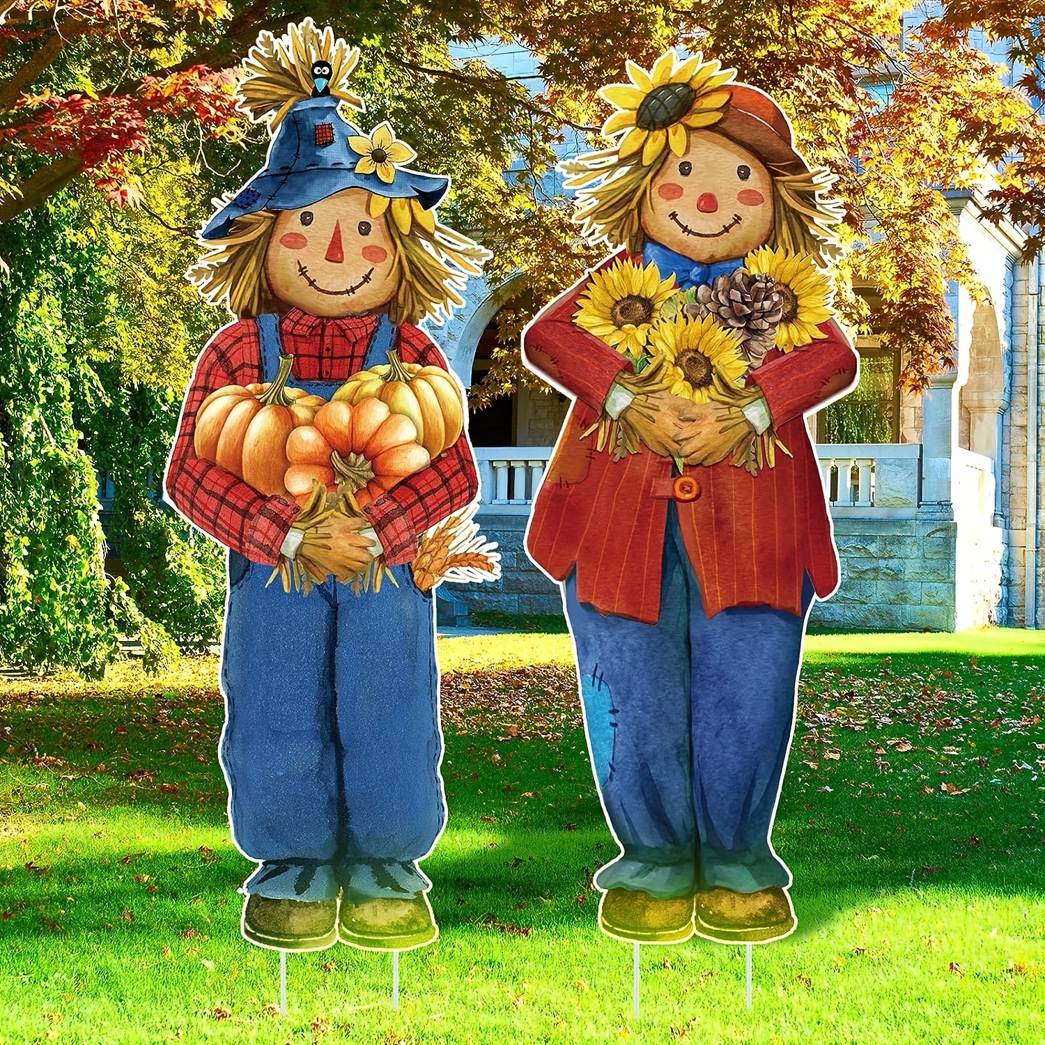 

2pcs, 11.4 X 31.5 Inch Thanksgiving Scarecrow Yard Signs Thanksgiving Fall Yard Signs Autumn Harvest Pumpkins Sunflower Scarecrow Garden Sign With 8 Stakes For Outdoor Porch Lawn Decorations