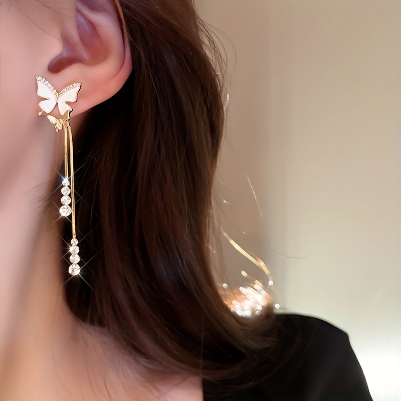 Butterfly Dangle Earrings with Zircon, 14K Plated