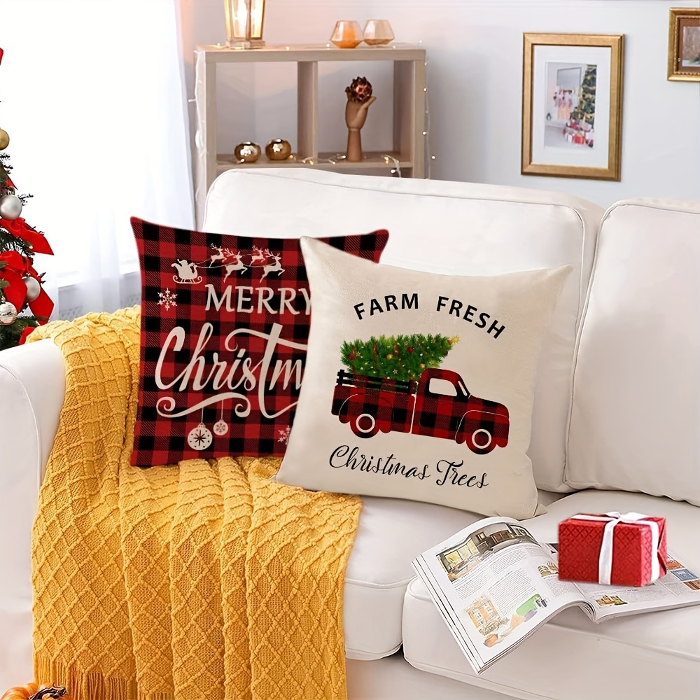 Christmas Pillow Covers 18x18 Set of 4 Merry Christmas Outdoor Pillow Cases  Let It Snow Deer Holiday Decorations Red Truck Xmas Throw Pillows