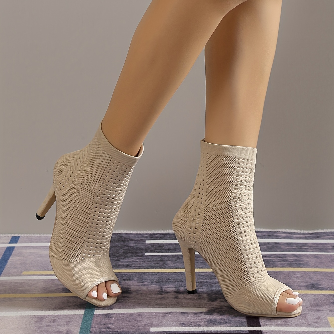Women's Knit Stiletto Heeled Boots Peep Toe Slip On Summer Boots