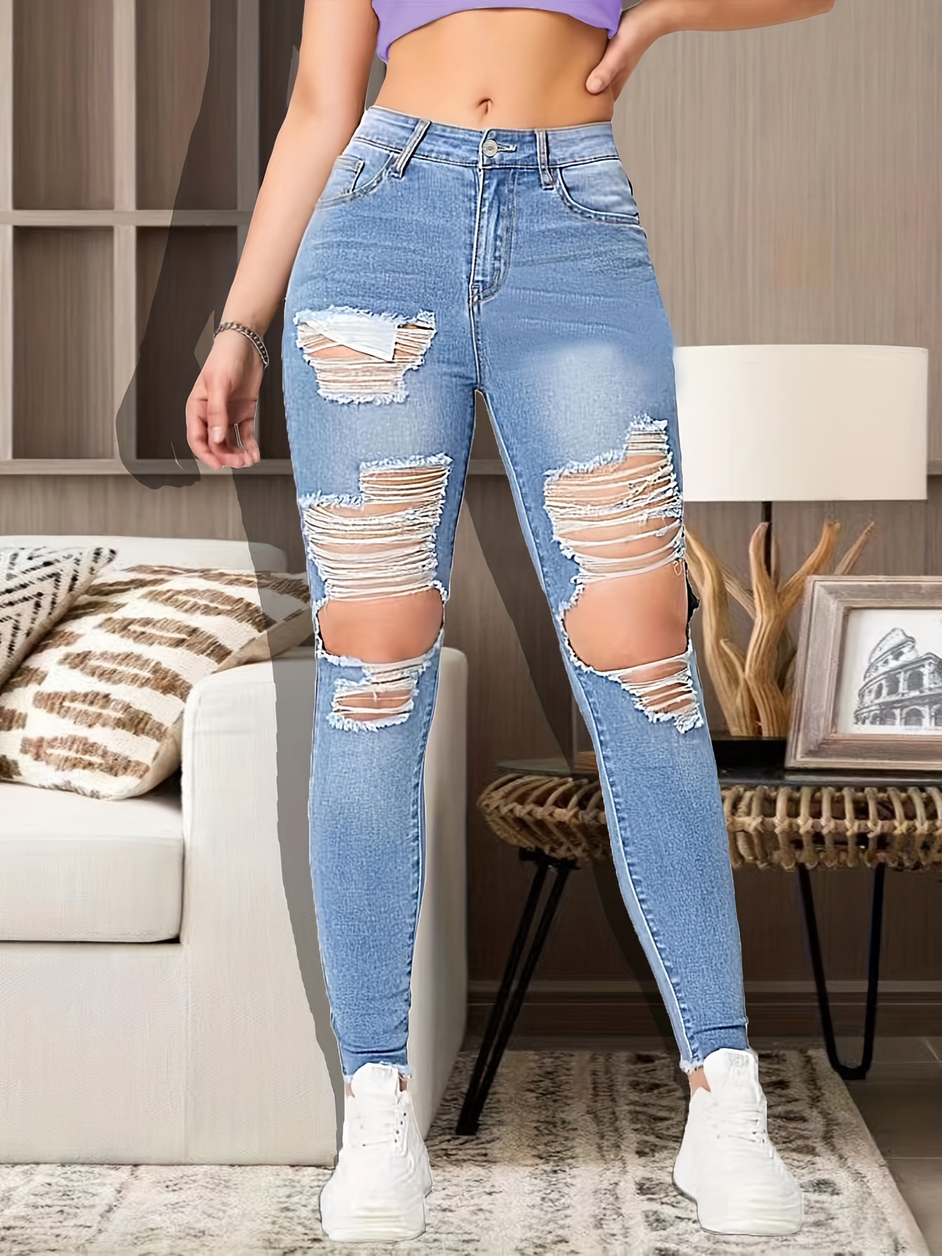 Ripped Distressed Knee Cut Jeans High Strech Whiskering - Temu