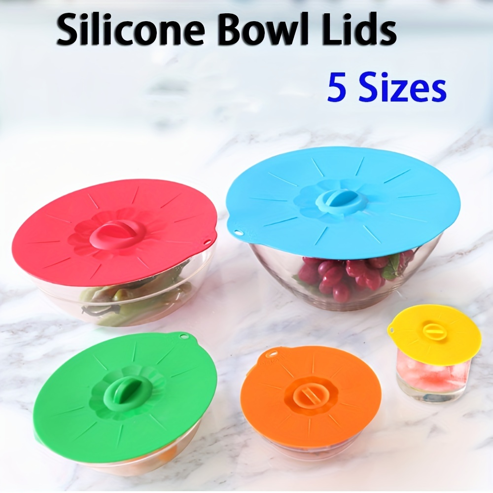 Silicone Bowl Lids Red, Set of 5 Reusable Suction Seal Covers for Bowls,  Pots, Cups. Food Safe Natural grip, interlocking handles for easy use and