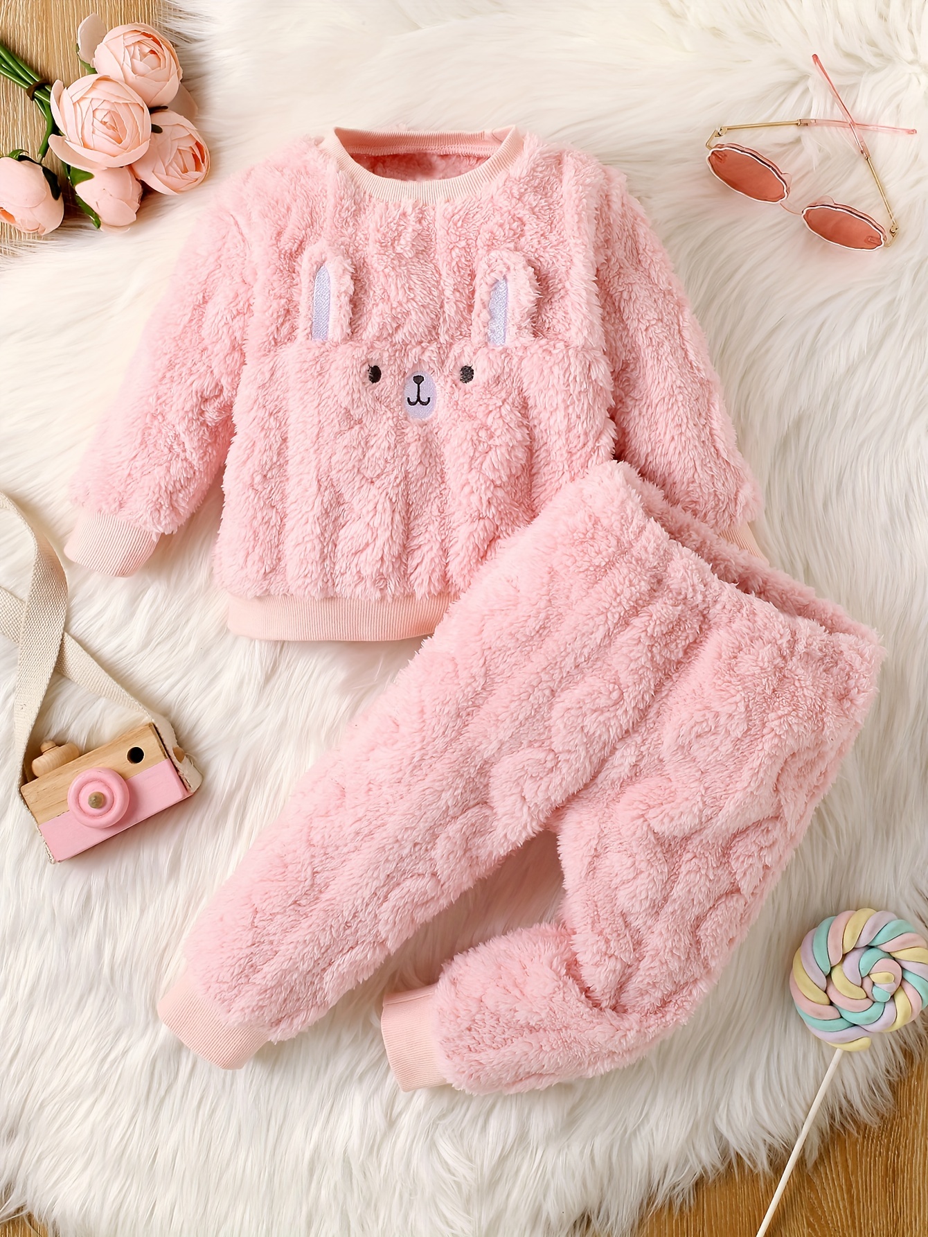 Cute & Warm: Girls Reversible Flannel Bunny Embroidered Top + Plush Pants  Set, 0-3 Years Old Kids Clothes Autumn And Winter