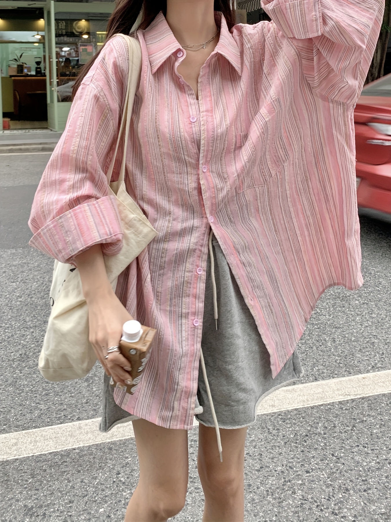 womens pink striped shirt jacket elegant collar long sleeve Temu