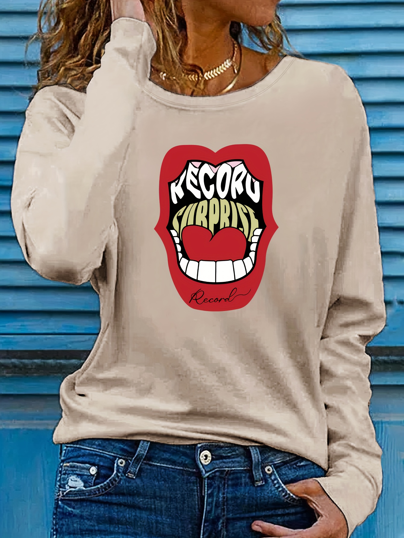 Mouth Letter Print Crew Neck T shirt Casual Long Sleeve Top - Temu New ...