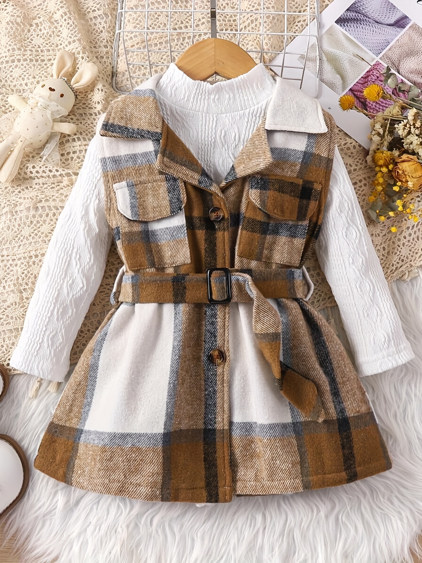 Girls Mock Collar Long Sleeve Houndstooth Dress Kids Clothes Fall Winter  Outfits - Kid's Fashion - Temu