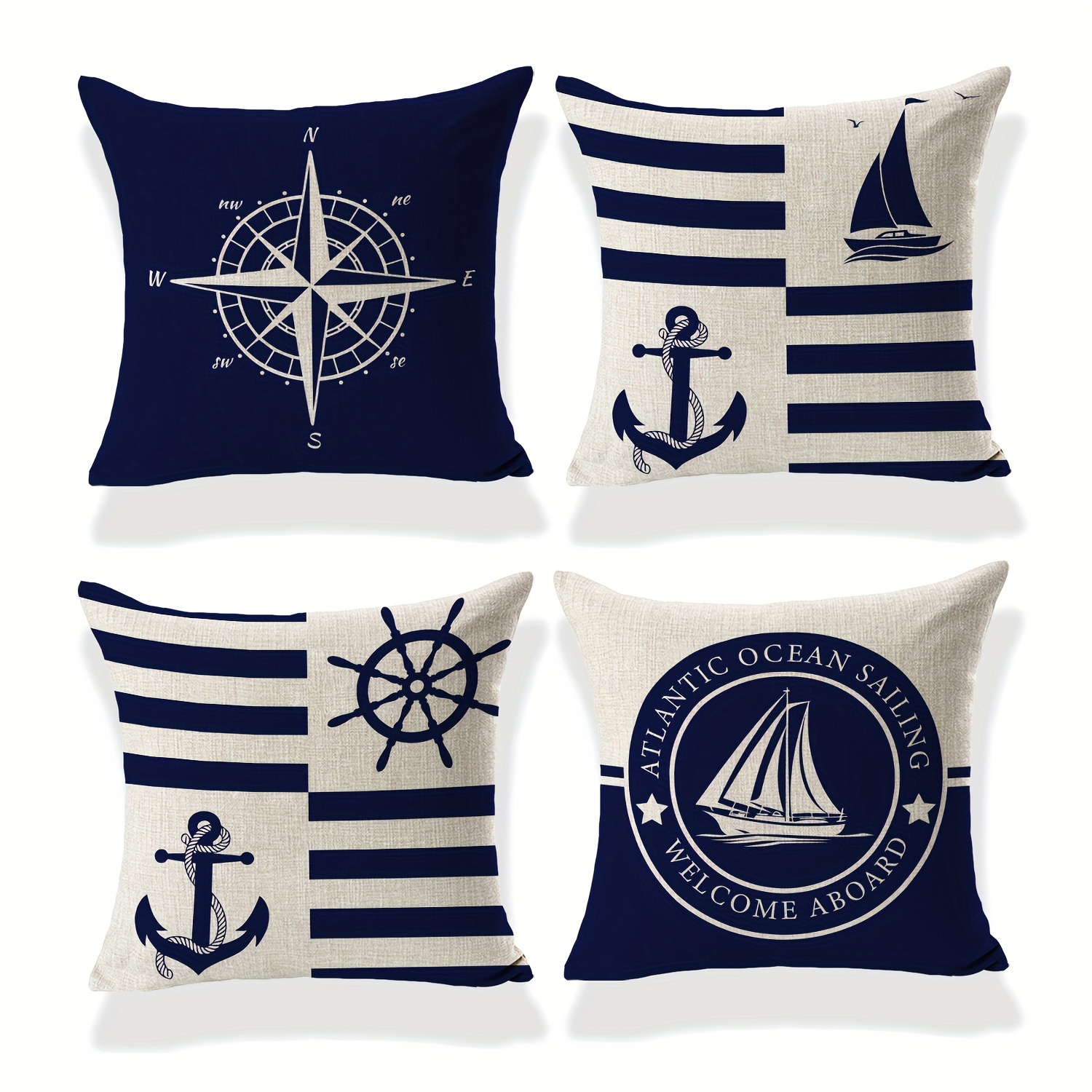 Image of Set Of 4 Nautical-themed Pillow Covers Featuring Sailboats, Compasses, And Anchors In A , Designed For Decorative Use In The Bedroom, Excluding Pillow Inserts