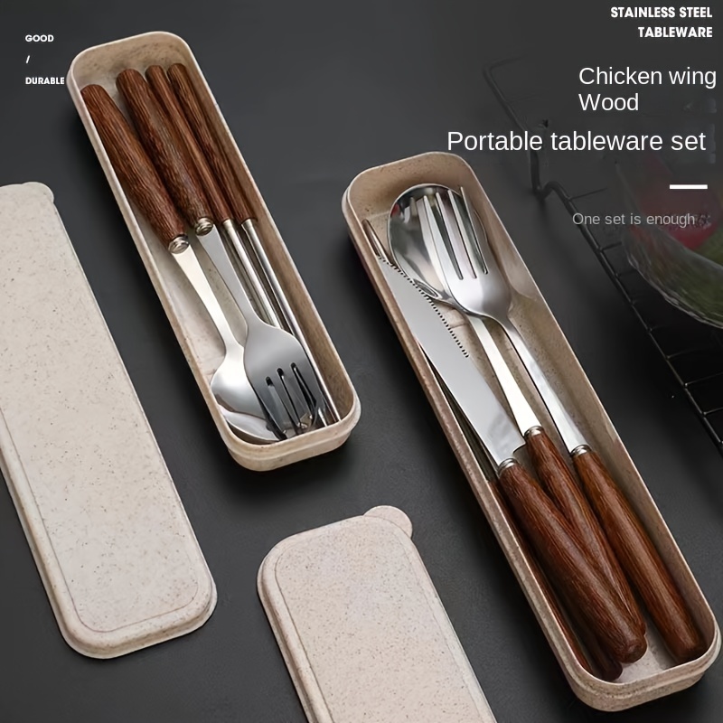 Stainless Steel Portable Student Tableware Set Outdoot Travel Spoon Fork  Chopsticks Cutlery Set With Storage Box