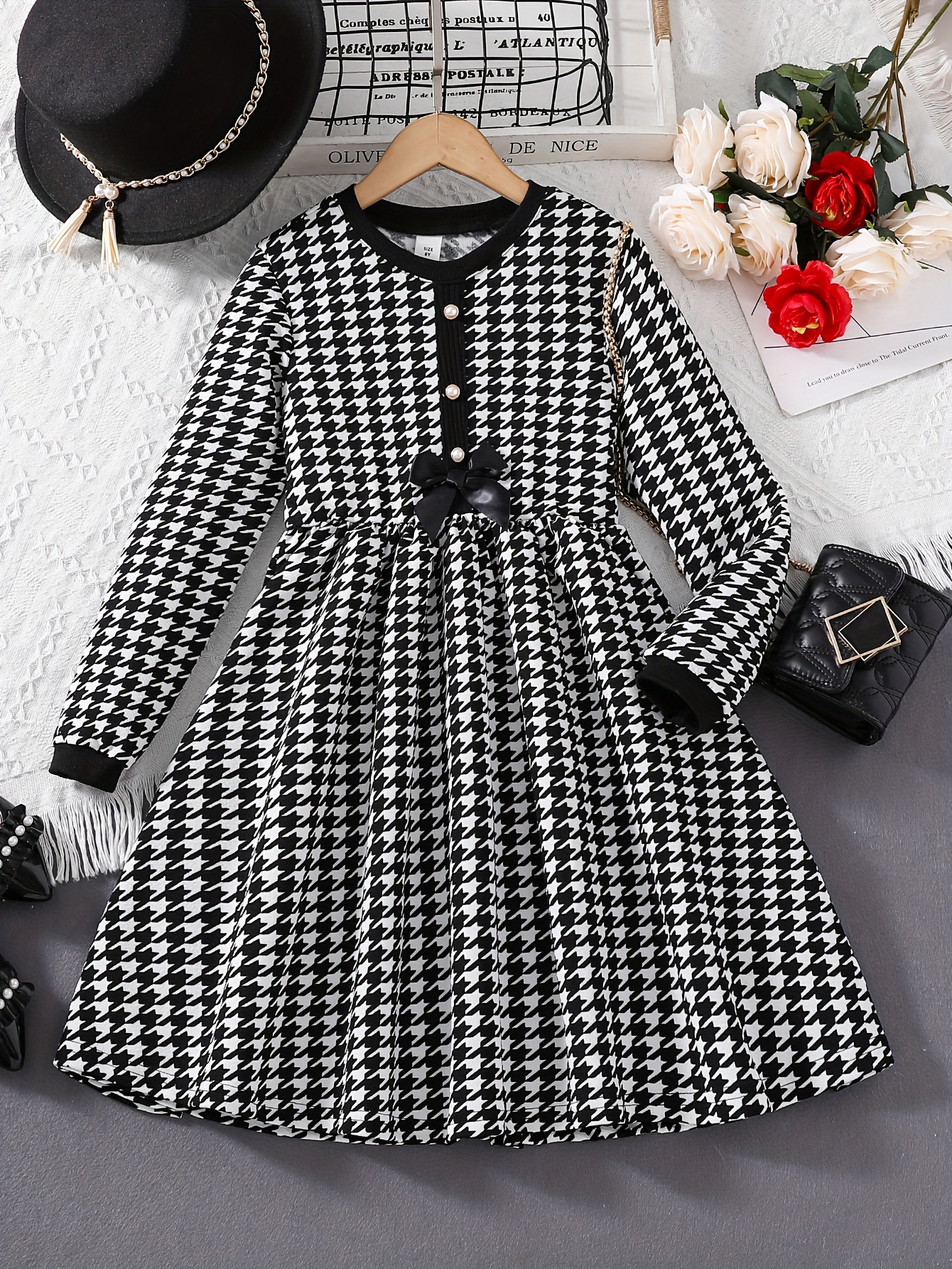 Girls Mock Collar Long Sleeve Houndstooth Dress Kids Clothes Fall Winter  Outfits - Kid's Fashion - Temu