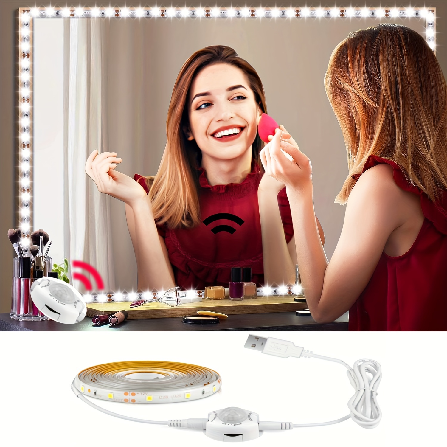 Luz de espejo de tocador, RGB colorido de bricolaje estilo Hollywood LED  espejo de maquillaje con 10 bombillas de luz regulable, cable USB, RGB