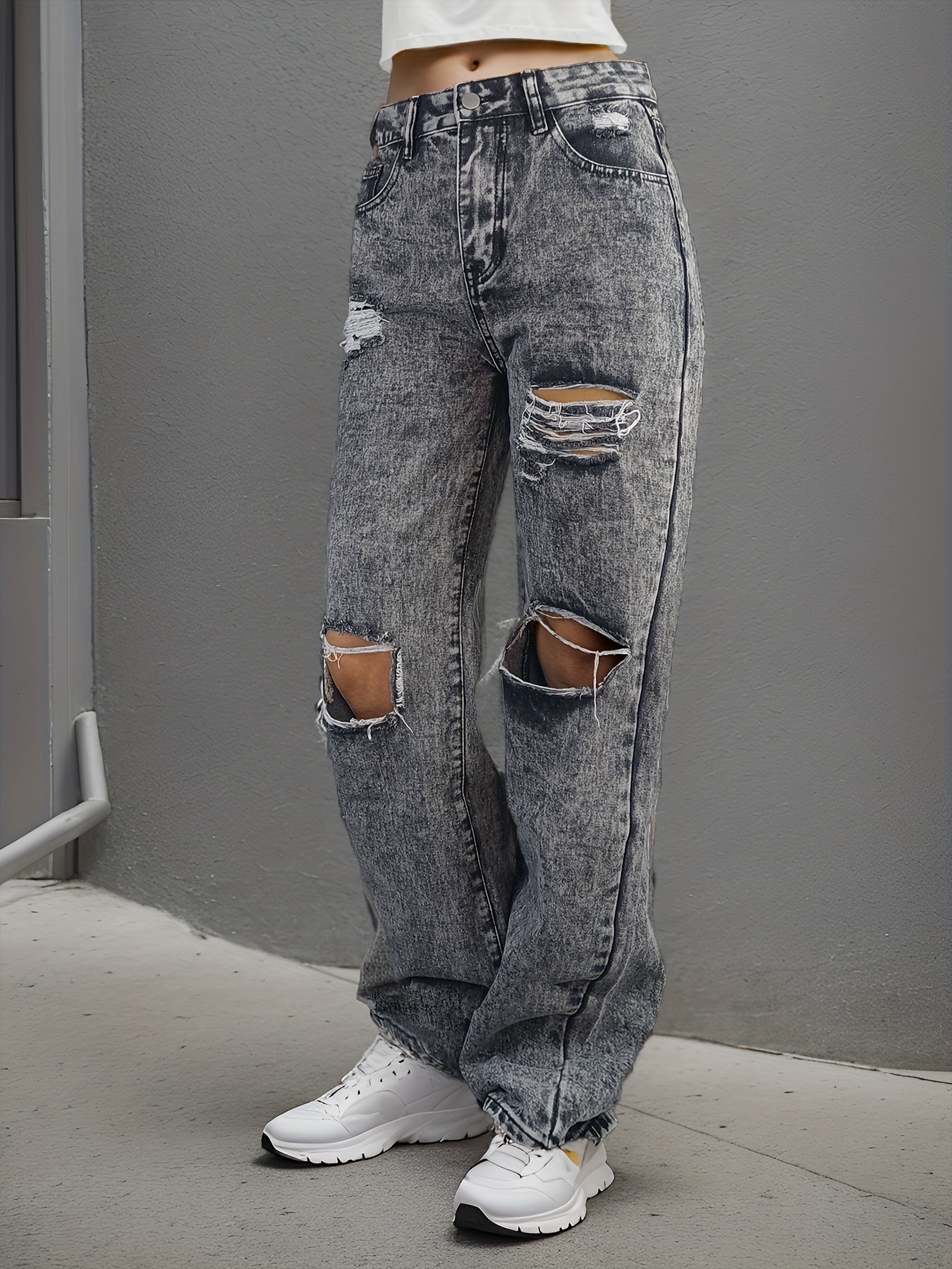 Ripped Loose Denim Street Pants - Gray, L