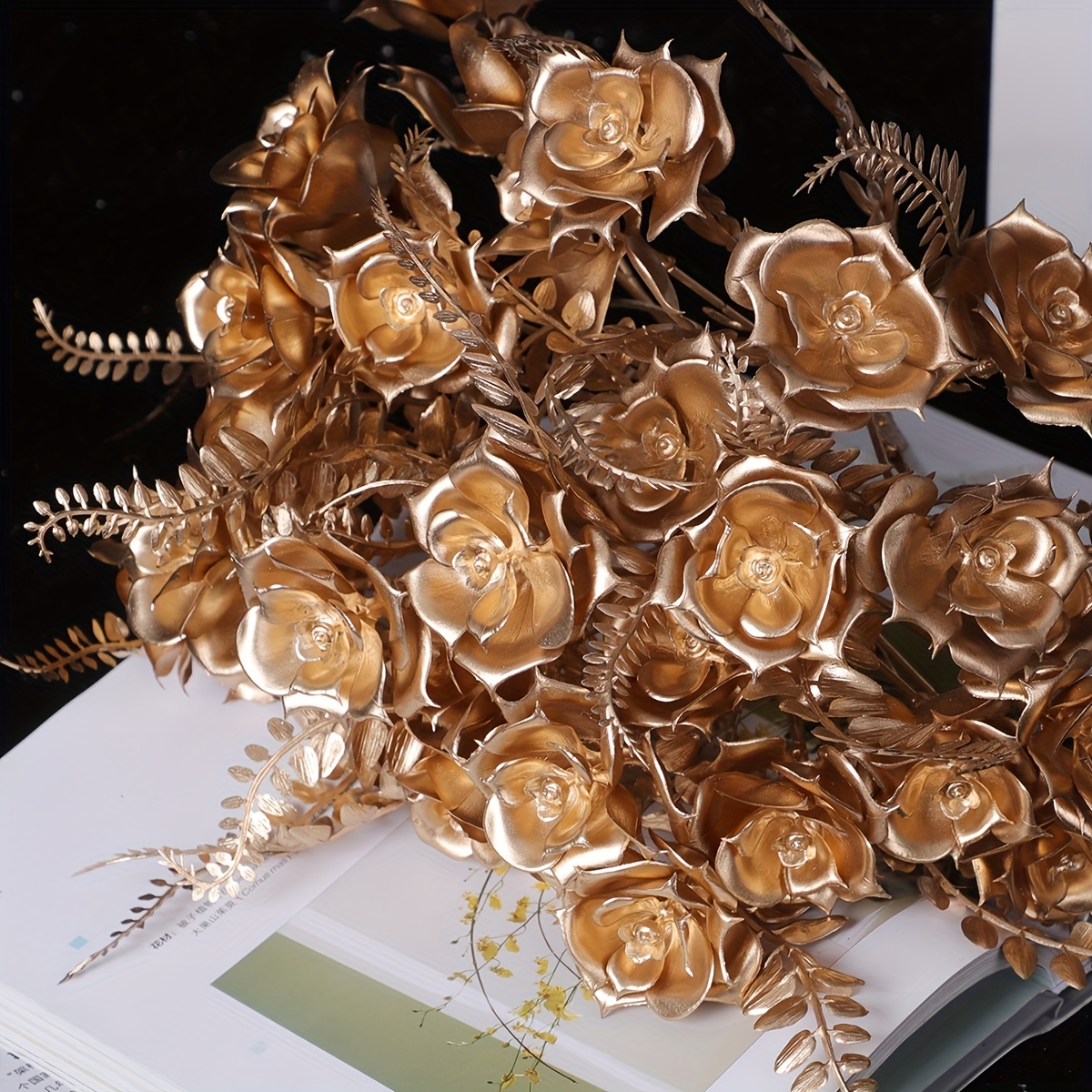 Gorgeous Metallic Artificial Flower Long Golden Fake Rose - Temu