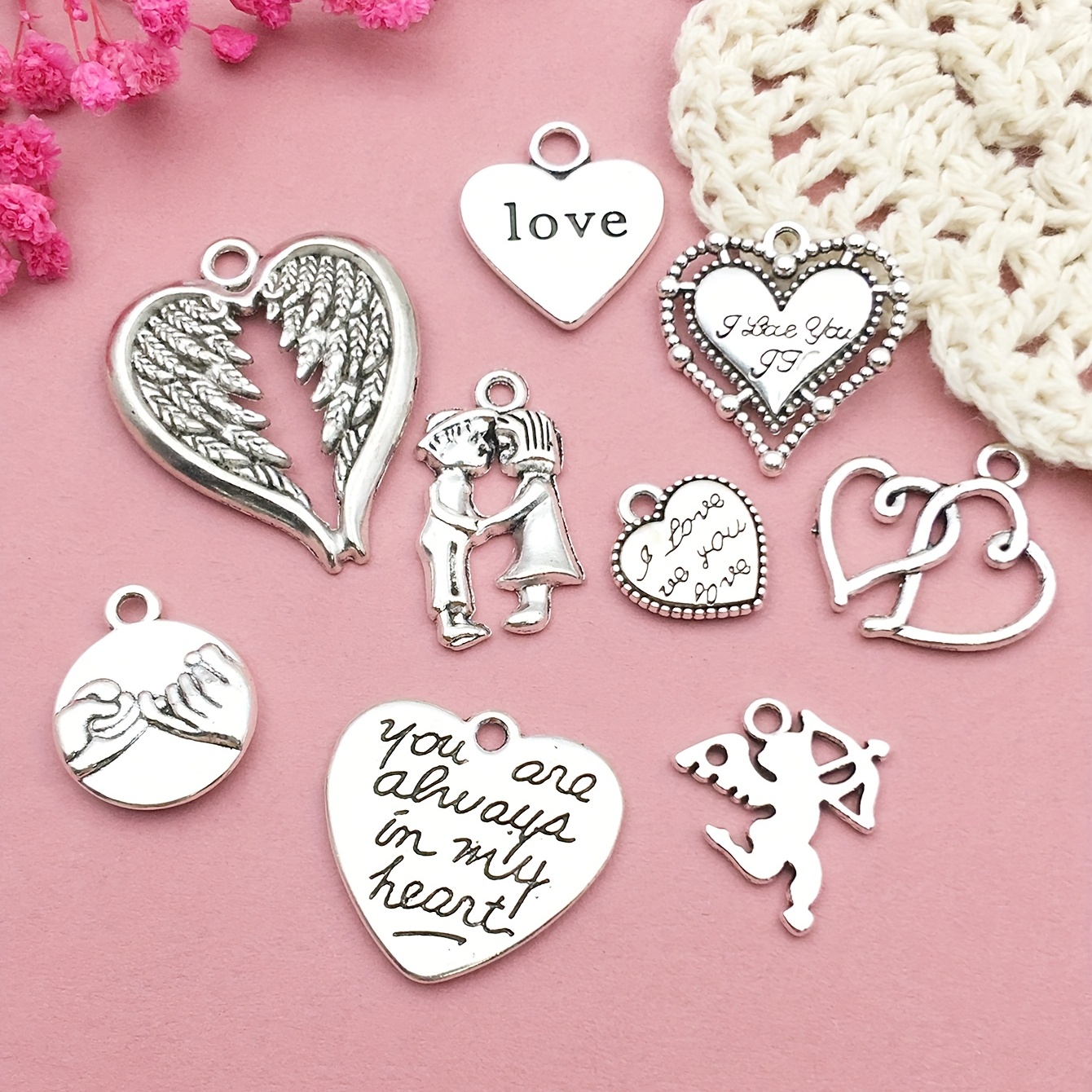 Randomly Mix 20pcs Antique Silver Heart Charms Pendants for Jewelry, Jewels Making Findings Wedding Valentine's Day Mother's Day Charms Crafting