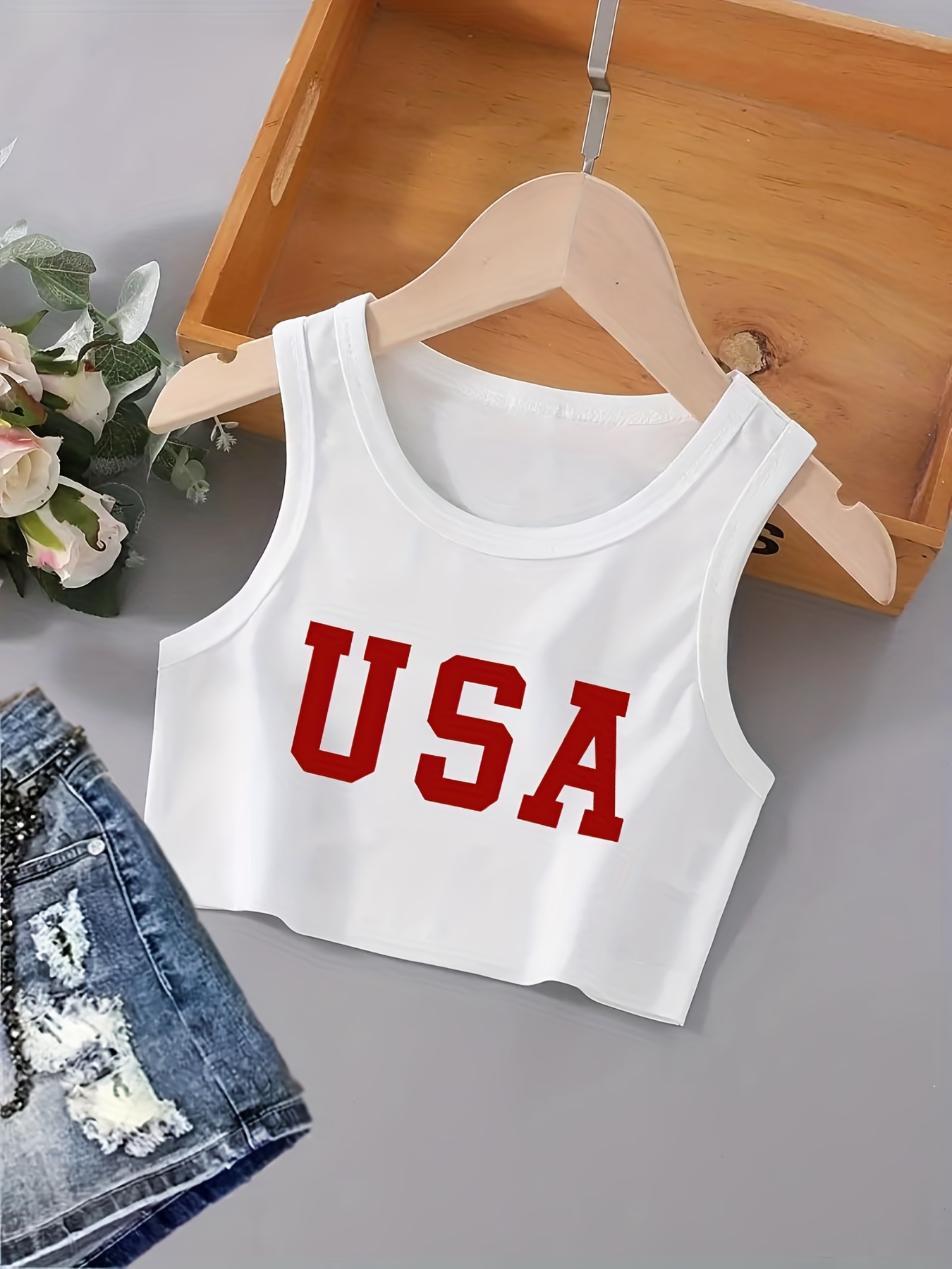 Girls 'USA' Tank Tops Sleeveless Cropped T-Shirts For Sports Casual Kids  Summer Outfit