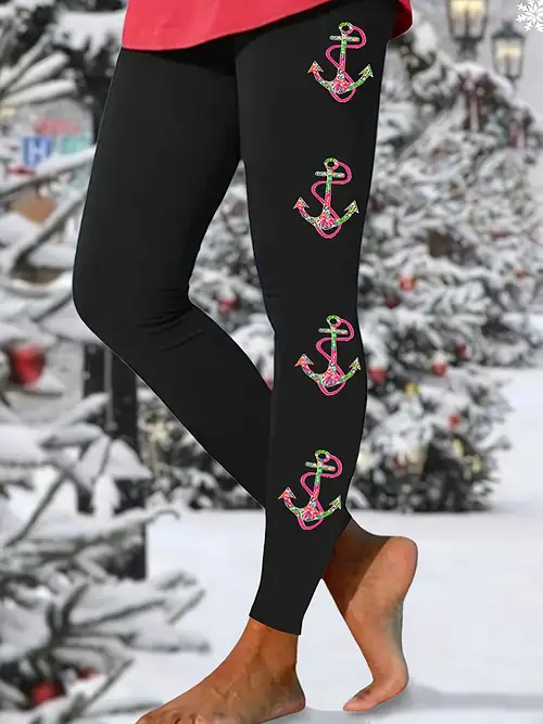 Anchor Print Skinny Leggings, Casual Elastic Waist Stretchy