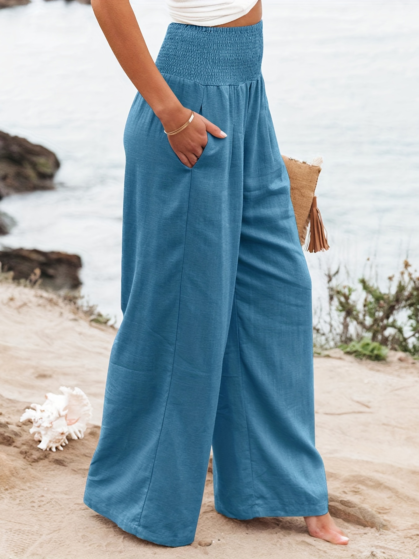 Minimalist Smocked Waist Wide Leg Pants, Casual Loose Slant Pocket Pants,  Women's Clothing