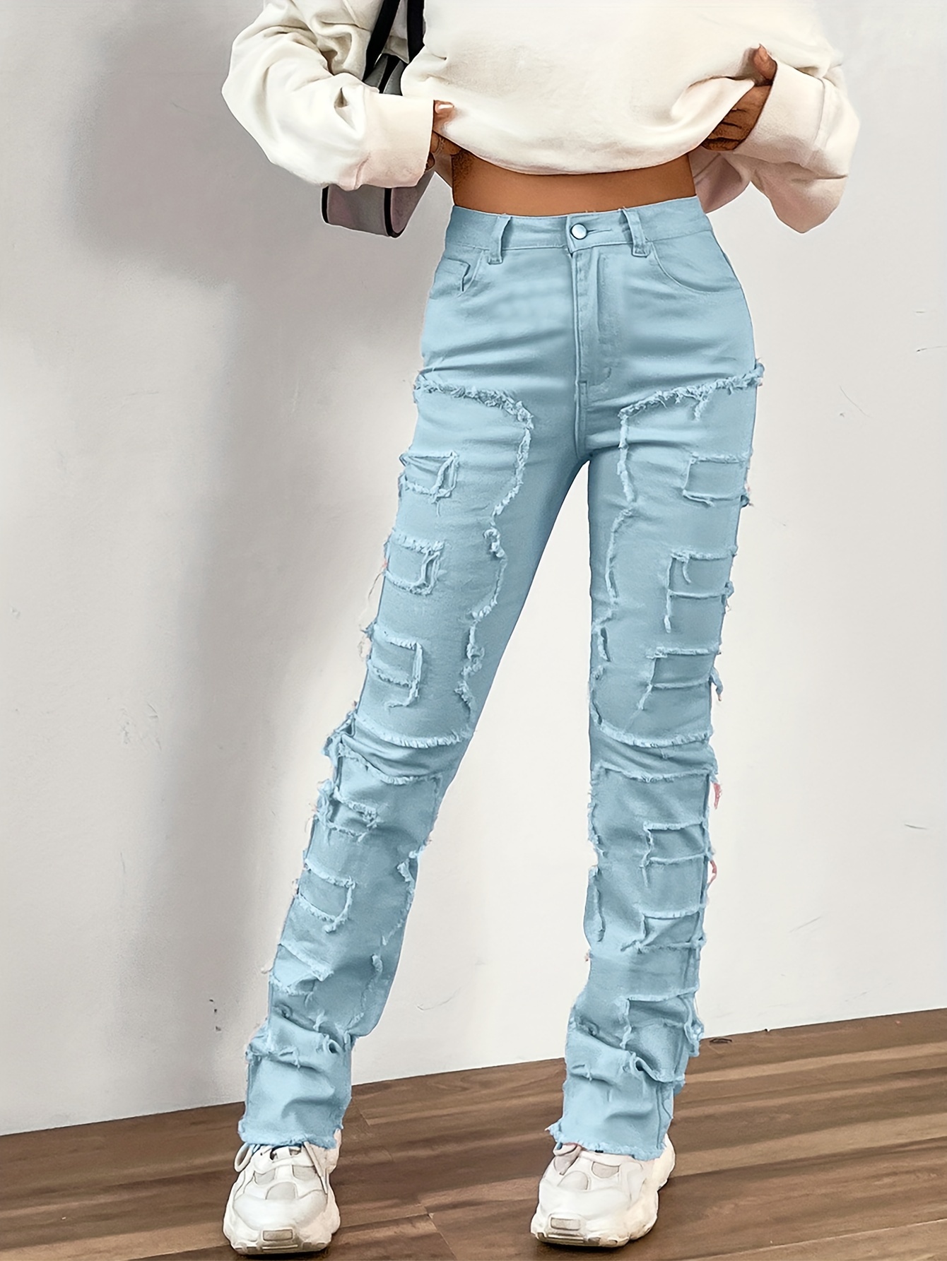 Womens Floral Lace Patchwork Straight Legs Denim Pants Casual Jeans  Trousers