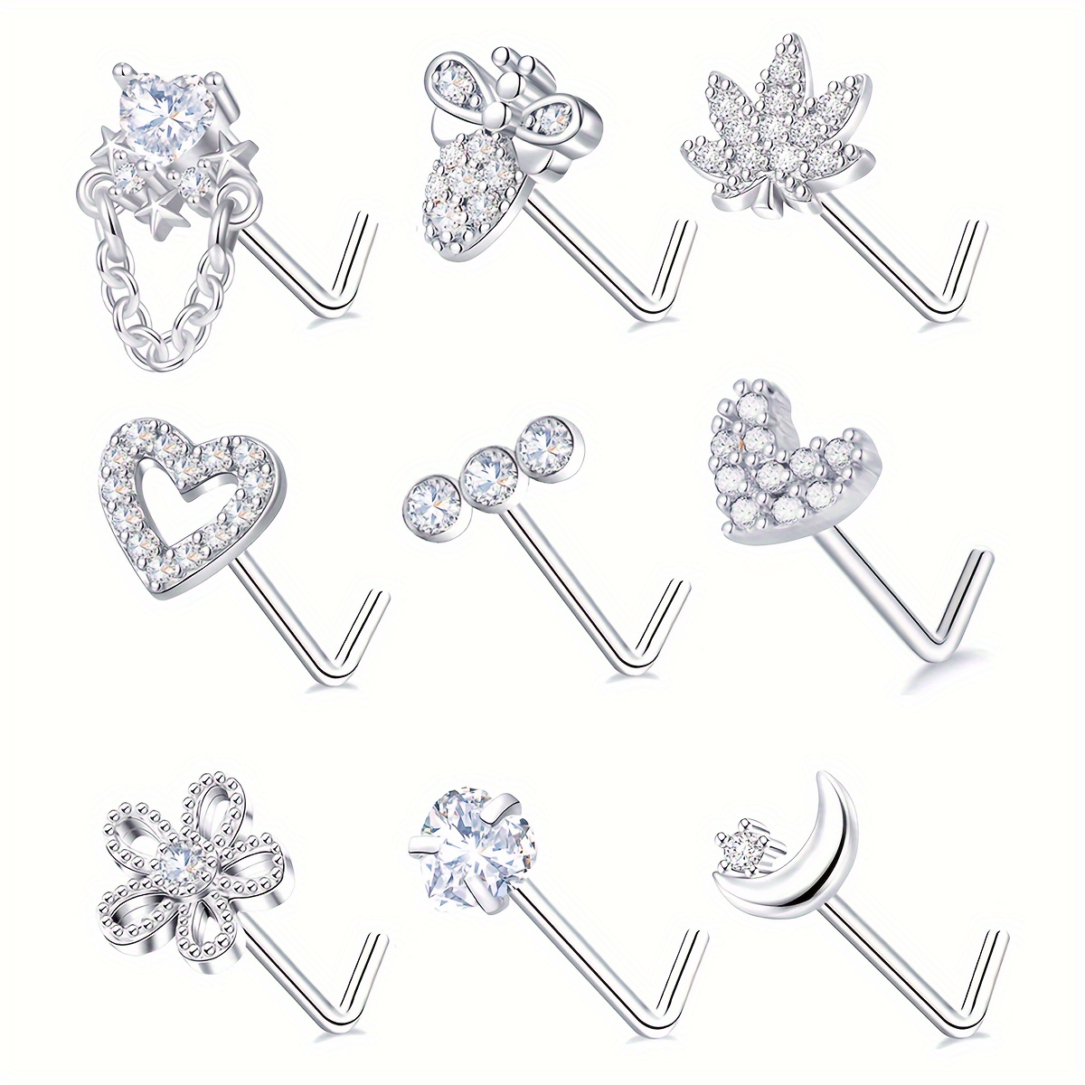 

1pc Love Heart Flower Leaf Round Etc Shaped Nose Stud Ring Inlaid White Zirconia Elegant Body Piercing Jewelry