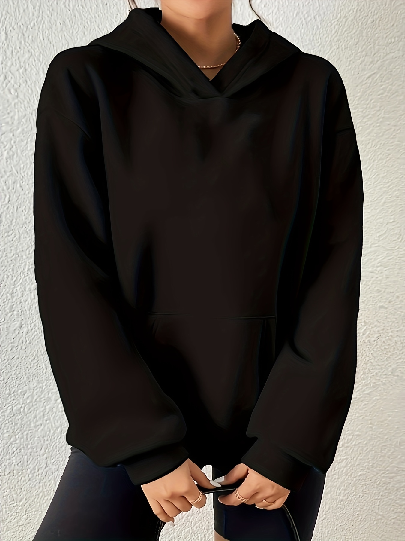 Solid Kangaroo Pocket Hoodie, Long Sleeve Drawstring Thermal Hoodies  Sweatshirt, Women's Clothing