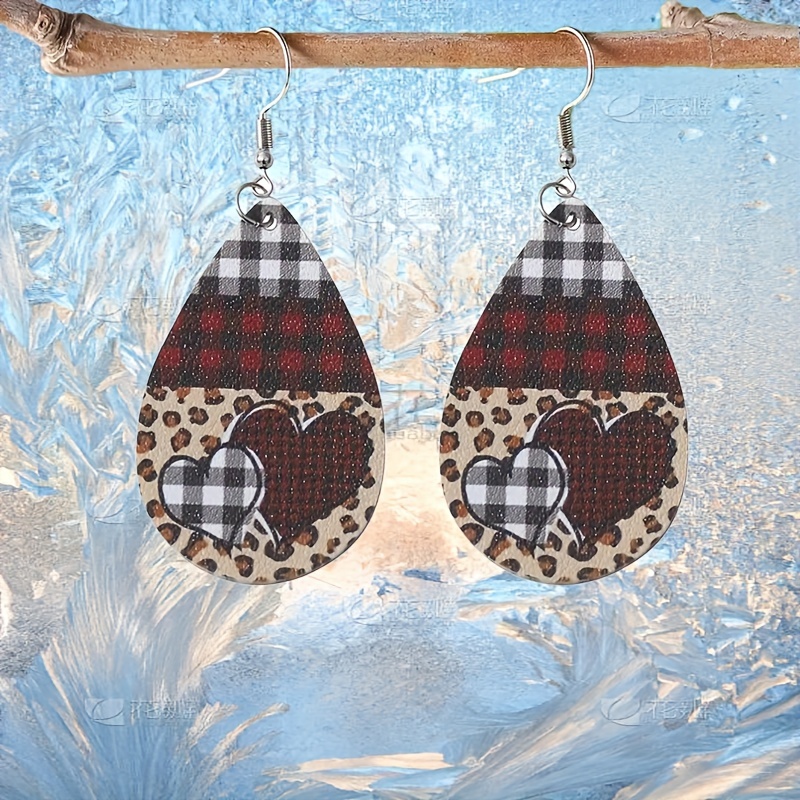 Leopard Pattern PU Leather LOVE Teardrop Shape Earrings For Men Gift