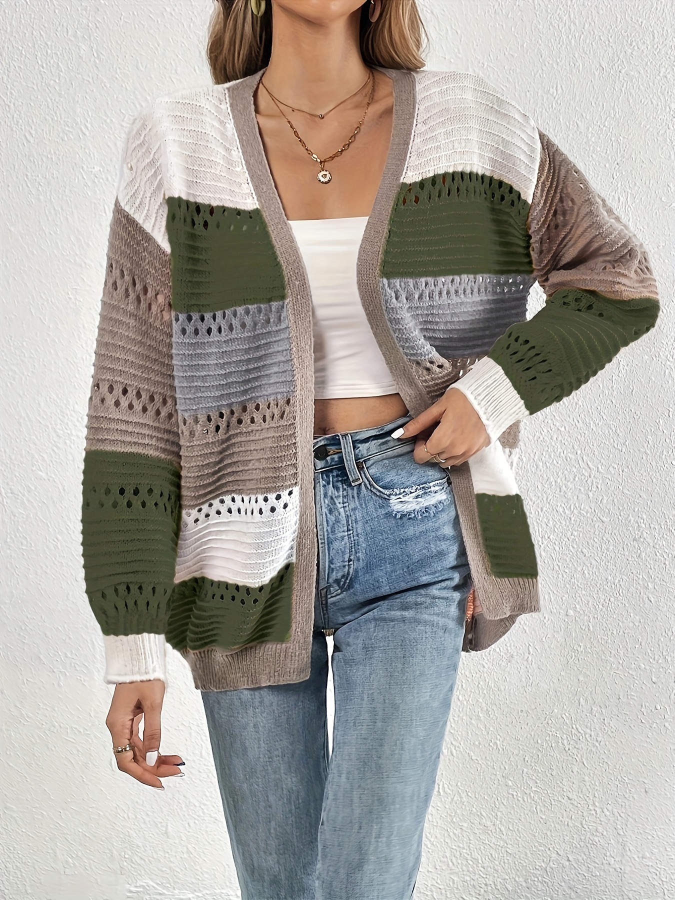 Cut Out Block Knit Cardigan Long Sleeve Sweater