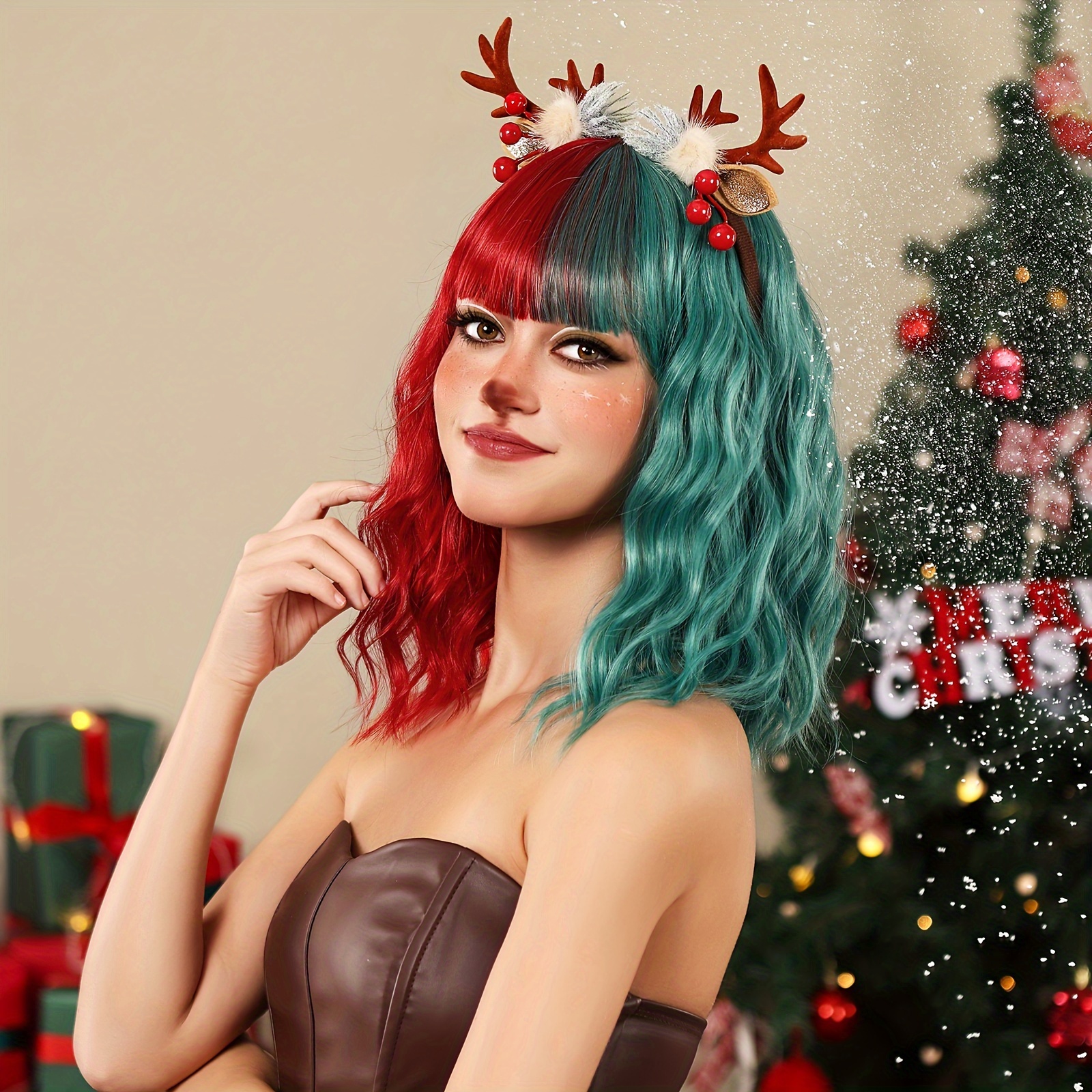 16 Inches Long Curly Red And Green Wigs With Bangs Christmas Style Synthetic Heat Resistant Wig Women s Wigs For Daily Party Or Cosplay Use