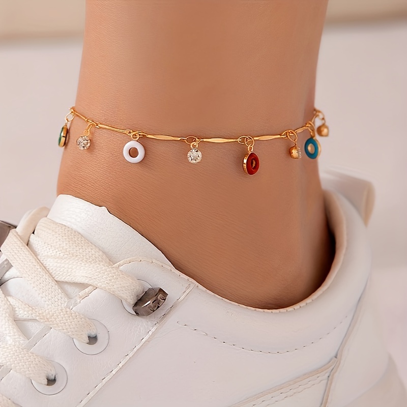 Image of 1pc Fashionable Trendy Minimalist Creative Geometric Rhinestone Colorful Drip Oil Tassel Pendant Women'-layer Anklet, Matching Necklace Sold Separately