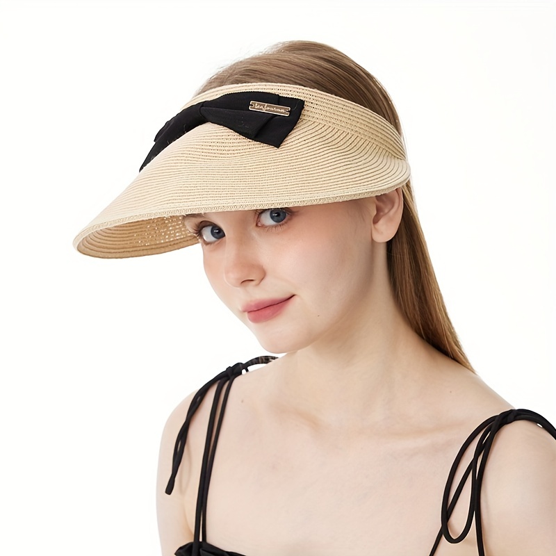 Straw Visor Hat with Bow Decor Wide Brim UV Protection