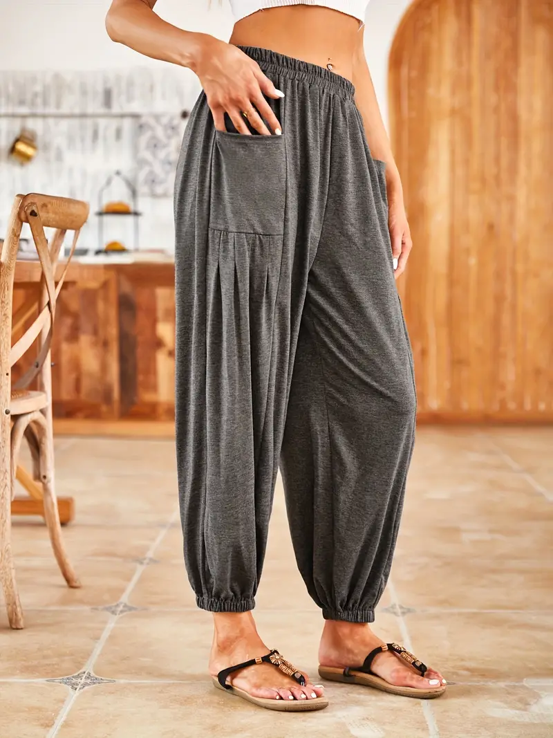 Casual Solid Ruched Pants Casual High Waist Elastic Baggy - Temu