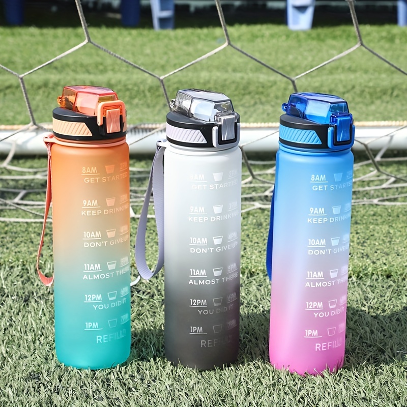 Botellas de agua, botella de agua transparente de 1 litro con marcas de  tiempo de pajilla, degradado de mármol azul grande, para deportes,  gimnasio