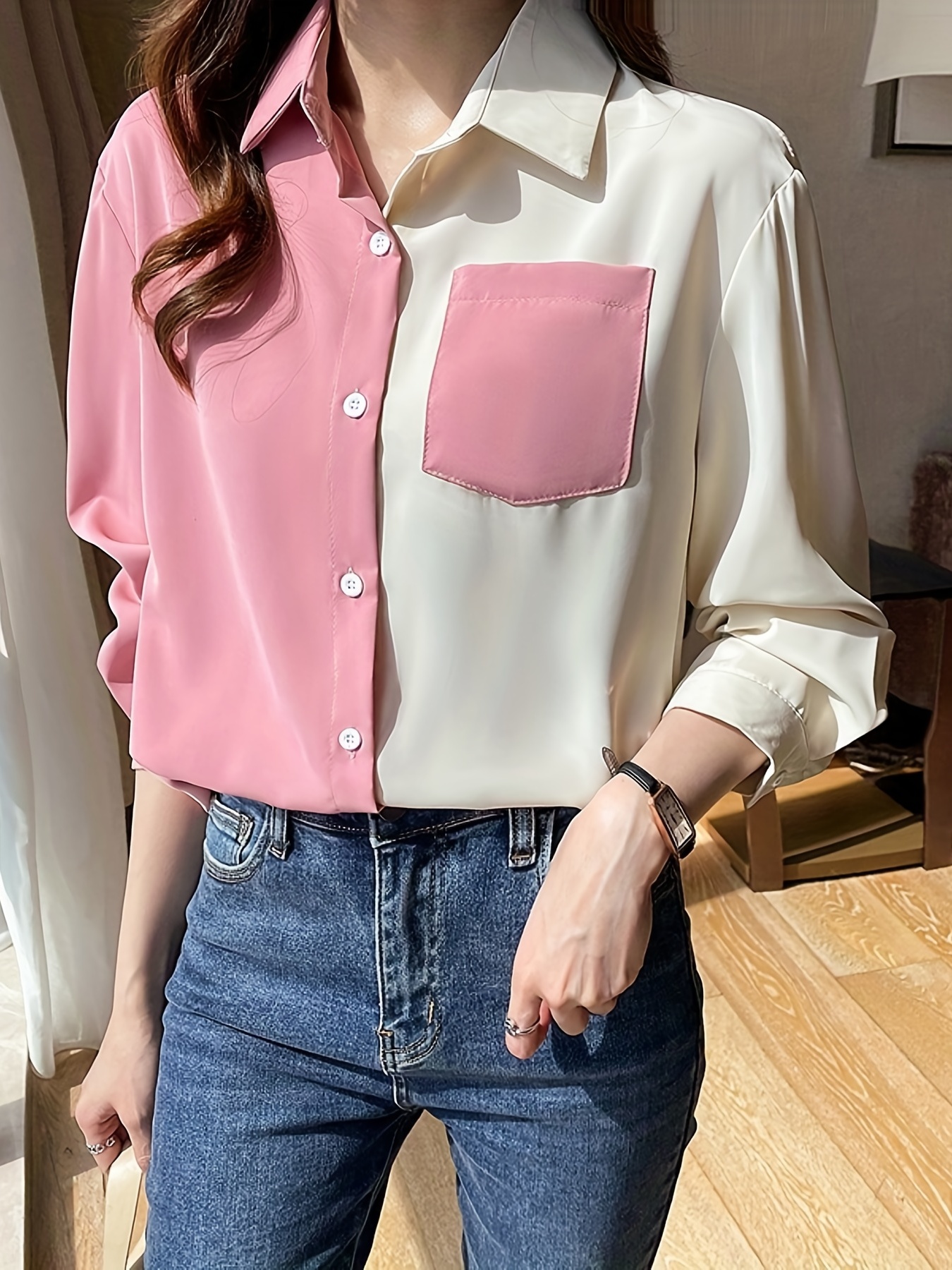 Color Block Simple Shirt, Casual Button Front Long Sleeve Collar Shirt With  A Collar, Women's Clothing