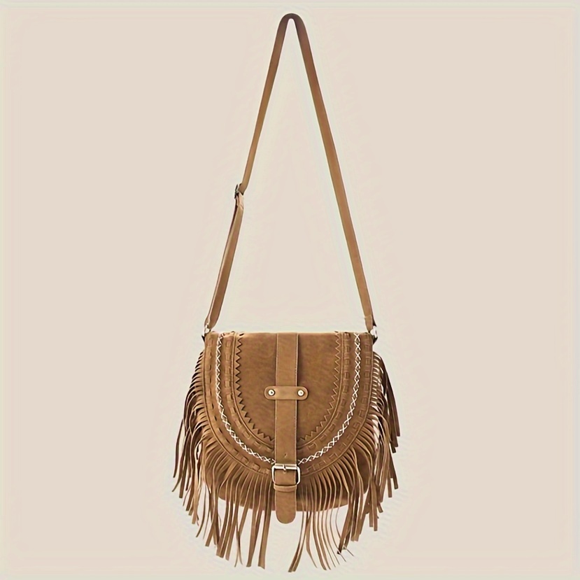 Boho Style Fringe Crossbody Bag, Vintage Shoulder Bag, Cowgirl Style Tassel  Flap Hobo Bag