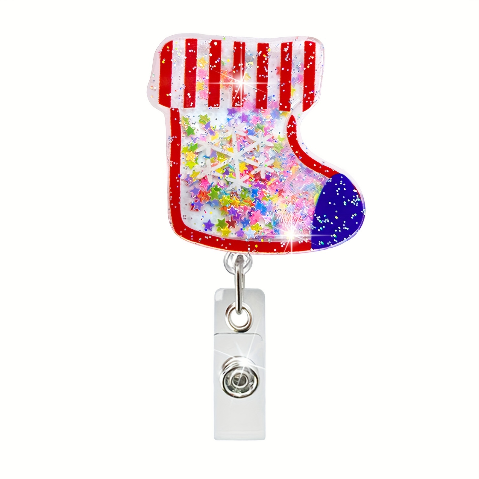 Acrylic,Home,Retractable Badge Reel Christmas Theme Name Badge Holder, Snowman Christmas Tree Cute Cartoon Sparkling ID Badge Reel with Swivel