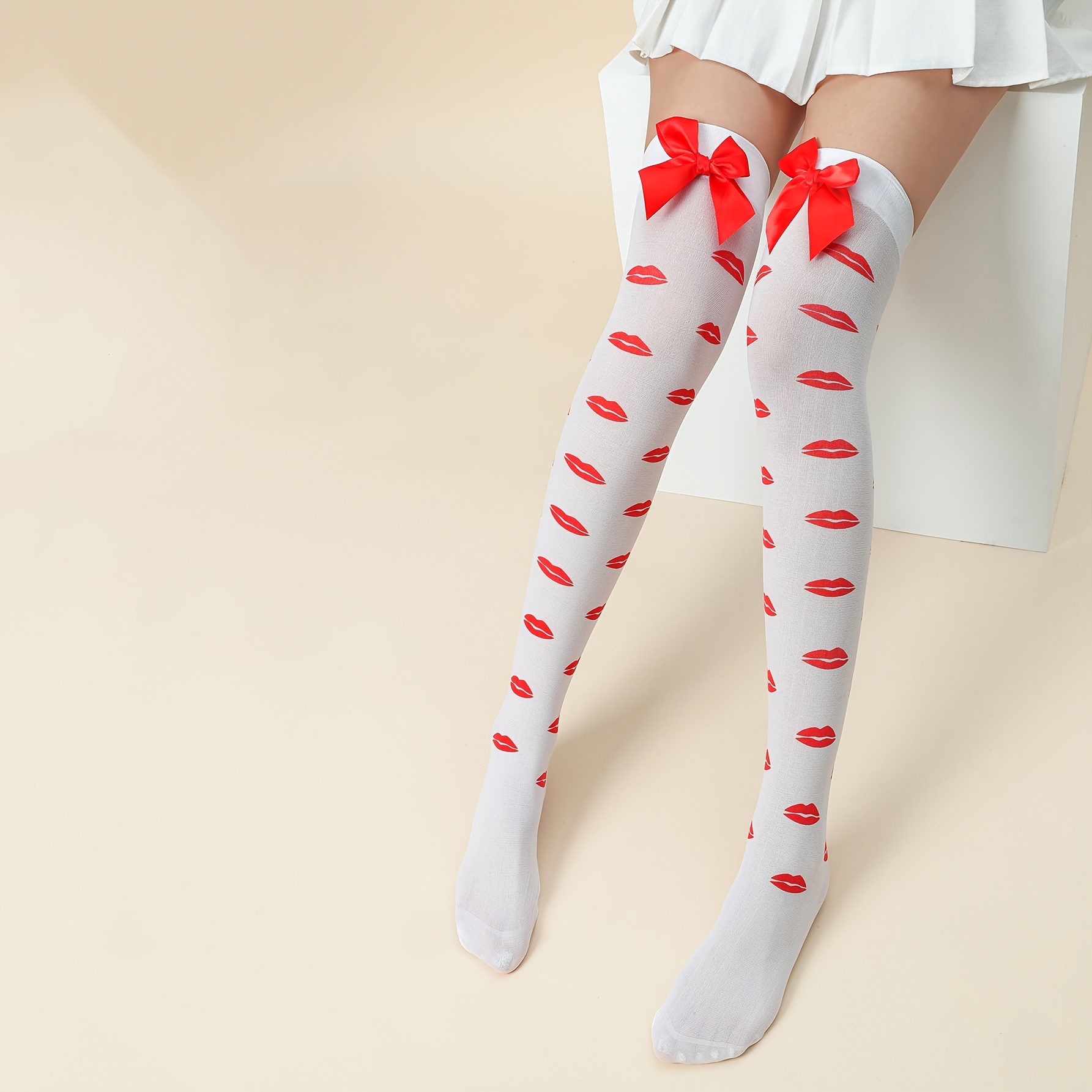 White with Red Bow and Hearts Womens Thigh Highs