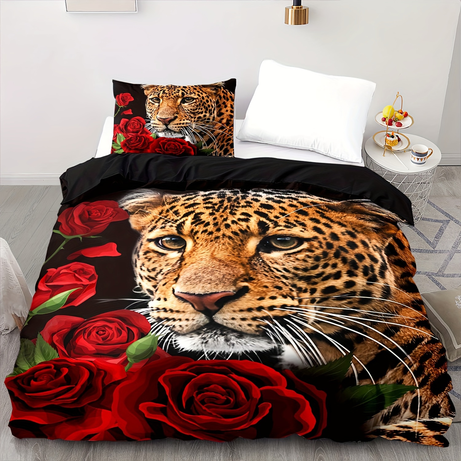 E-shop 3-teiliges Bettbezug-Set, Bettwäsche mit Rosen-Leopardenmuster, Bettbezug-Set mit Leopardenmuster, Bett-Set mit Leopardenmuster, Bettwäsche mit